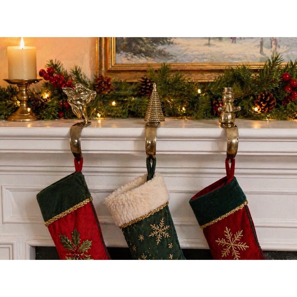 Vtg Indian Brassโ Christmas Stocking Holders Set 3 Angel Snowman Tree Mantel